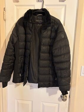 Nautica Black Quilted Puffer Jacket with Rib-Knit Panels
